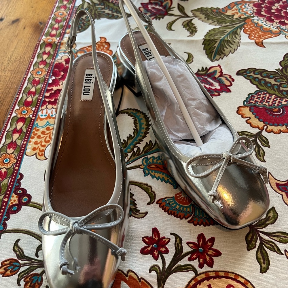 Bibi Lou Anthropologie Silver Slingback Ballet Flats